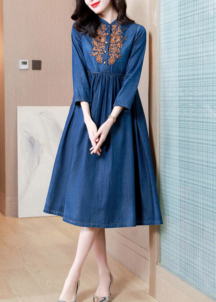 French Denim Blue V Neck Embroideried Patchwork Elastic Waist Cotton Long Dresses