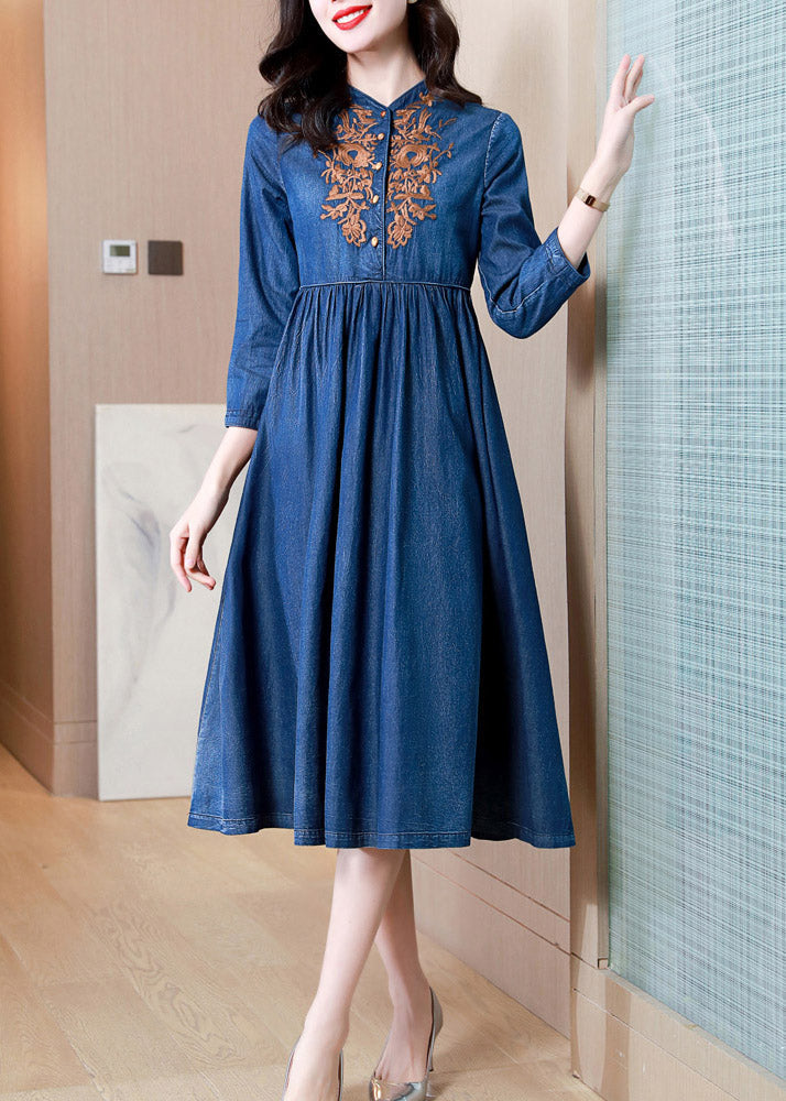 French Denim Blue V Neck Embroideried Patchwork Elastic Waist Cotton Long Dresses