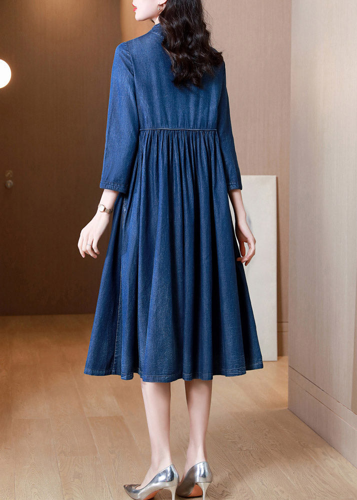 French Denim Blue V Neck Embroideried Patchwork Elastic Waist Cotton Long Dresses