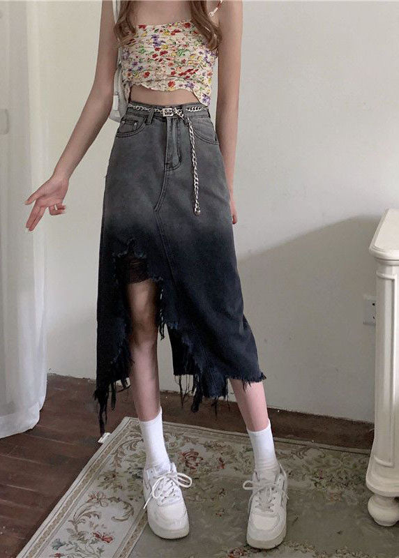 French Gradient Color Front Open Tasseled Denim Skirts