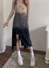 French Gradient Color Front Open Tasseled Denim Skirts