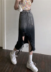 French Gradient Color Front Open Tasseled Denim Skirts