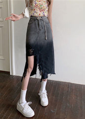 French Gradient Color Front Open Tasseled Denim Skirts