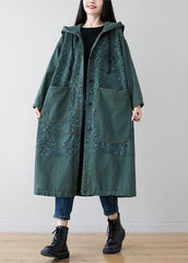 French Green Patchwork Print Denim Hoodies Outwear