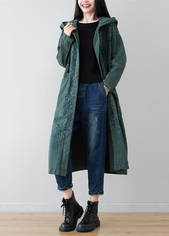 French Green Patchwork Print Denim Hoodies Outwear