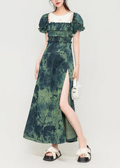 French Green Ruffled Side Open Patchwork Denim Slim Fit Dress