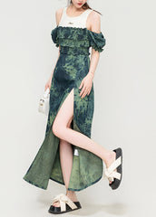 French Green Ruffled Side Open Patchwork Denim Slim Fit Dress