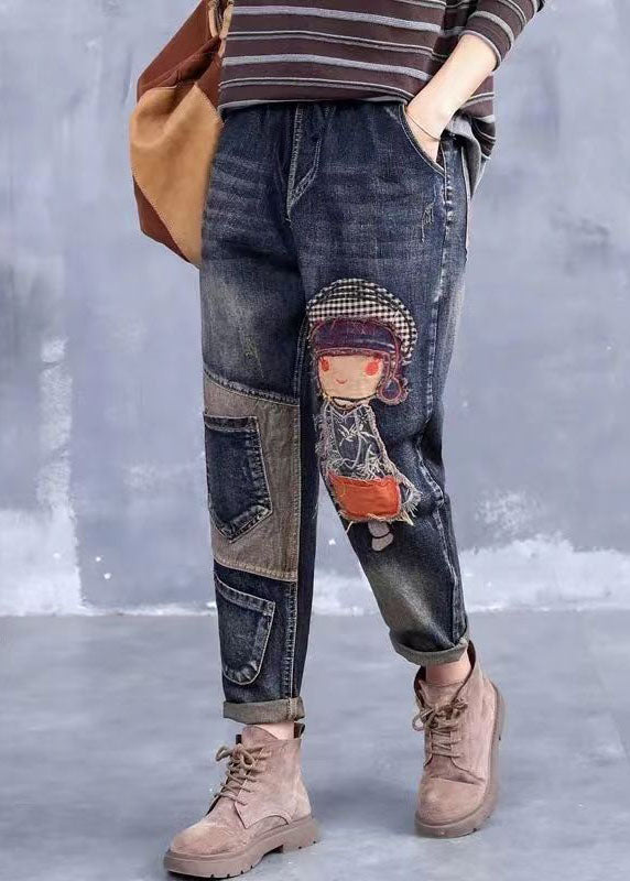 French Grey Embroideried Girl Pockets Patchwork Denim Pants