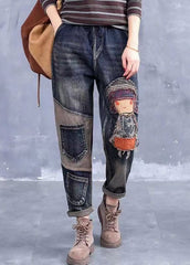 French Grey Embroideried Girl Pockets Patchwork Denim Pants