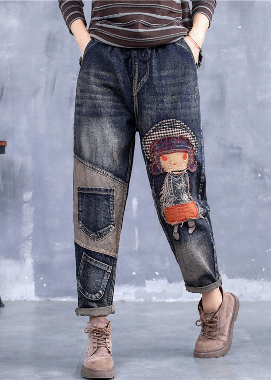 French Grey Embroideried Girl Pockets Patchwork Denim Pants