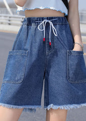 French Light Blue Elastic Waist Drawstring Pockets Cotton Denim Short Pants