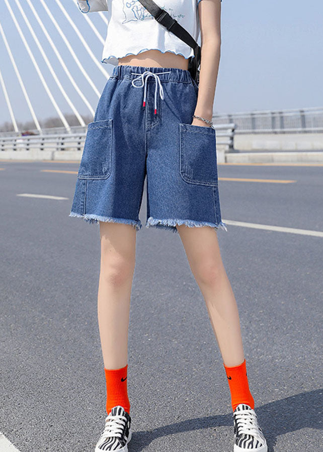 French Light Blue Elastic Waist Drawstring Pockets Cotton Denim Short Pants