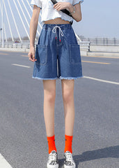 French Light Blue Elastic Waist Drawstring Pockets Cotton Denim Short Pants