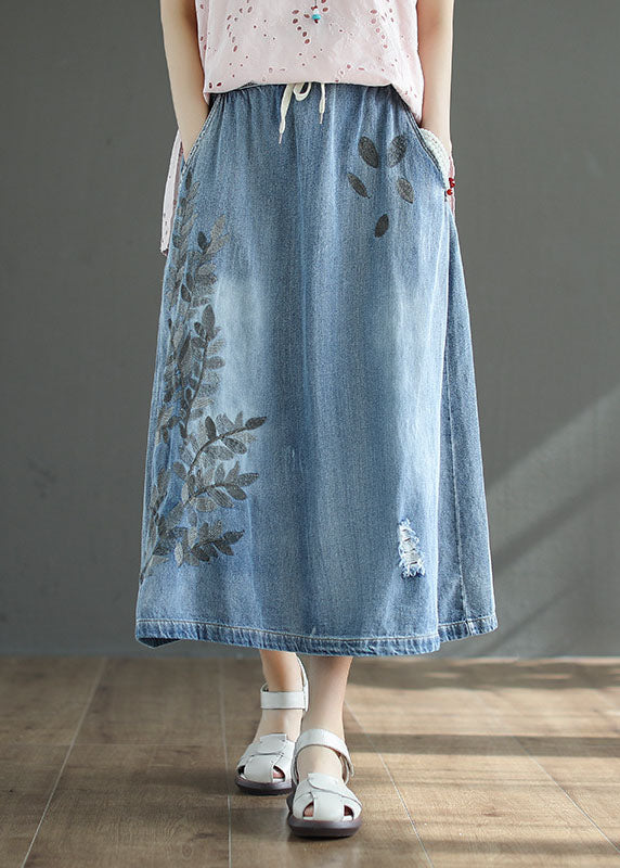 French Light Blue High Waist Drawstring Print Cotton Denim Skirts