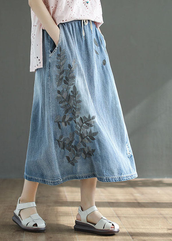 French Light Blue High Waist Drawstring Print Cotton Denim Skirts