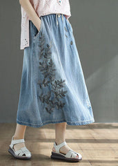 French Light Blue High Waist Drawstring Print Cotton Denim Skirts