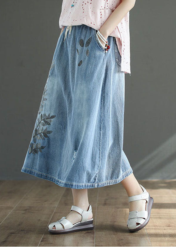 French Light Blue High Waist Drawstring Print Cotton Denim Skirts