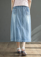 French Light Blue High Waist Drawstring Print Cotton Denim Skirts