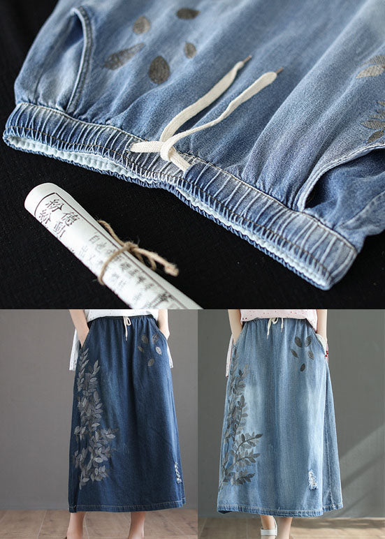 French Light Blue High Waist Drawstring Print Cotton Denim Skirts