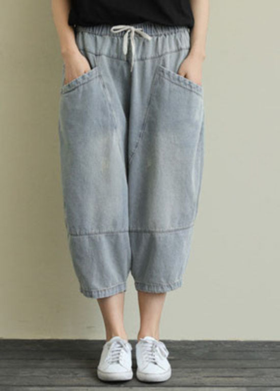 French Light Blue pockets elastic waist Cotton denim Pants