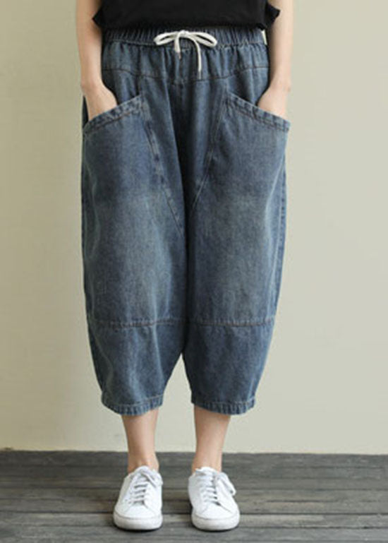 French Light Blue pockets elastic waist Cotton denim Pants