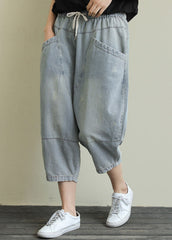 French Light Blue pockets elastic waist Cotton denim Pants