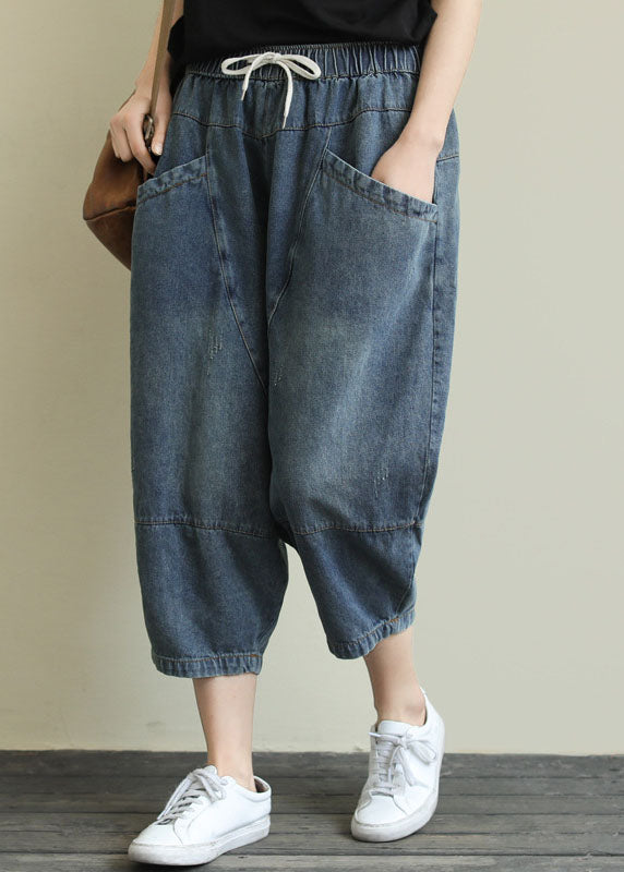 French Light Blue pockets elastic waist Cotton denim Pants