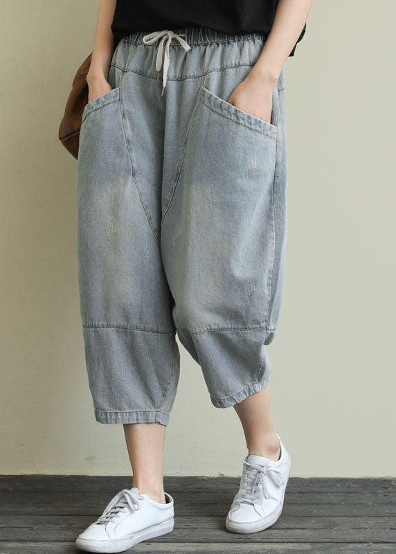 French Light Blue pockets elastic waist Cotton denim Pants