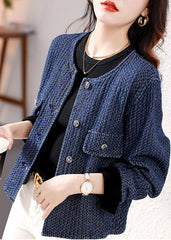 French Navy O Neck Button Patchwork Denim Coat Fall