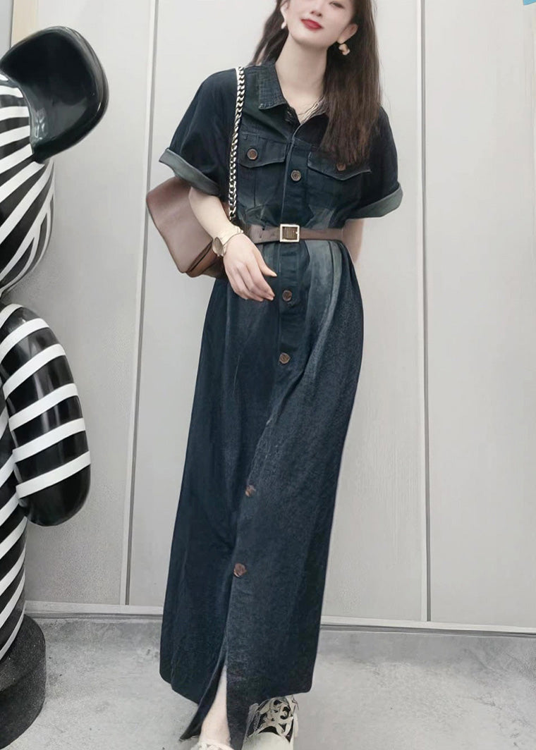 French Navy Peter Pan Collar Patchwork Button Denim Maxi Dress