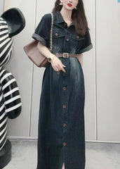 French Navy Peter Pan Collar Patchwork Button Denim Maxi Dress