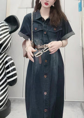 French Navy Peter Pan Collar Patchwork Button Denim Maxi Dress