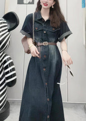 French Navy Peter Pan Collar Patchwork Button Denim Maxi Dress