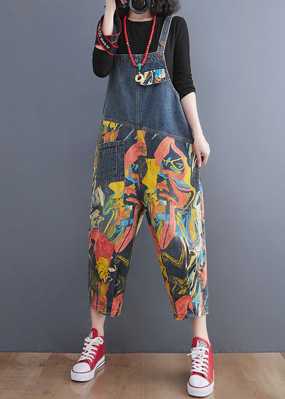 French Navy Pocket Print Denim Jumpsuit