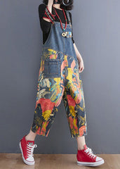 French Navy Pocket Print Denim Jumpsuit