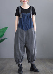 French Navy Striped pocket Patchwork Denim Overalls Jumpsuit