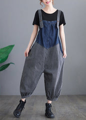 French Navy Striped pocket Patchwork Denim Overalls Jumpsuit