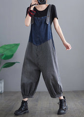 French Navy Striped pocket Patchwork Denim Overalls Jumpsuit