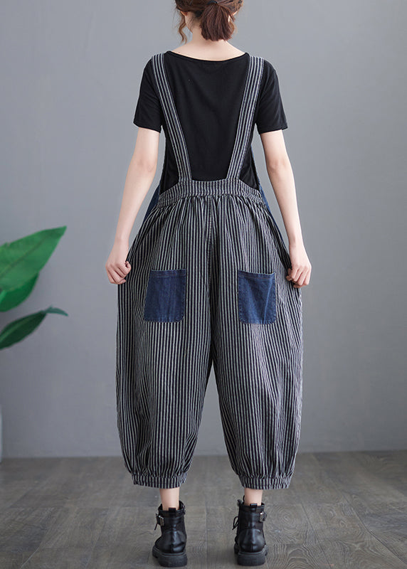 French Navy Striped pocket Patchwork Denim Overalls Jumpsuit