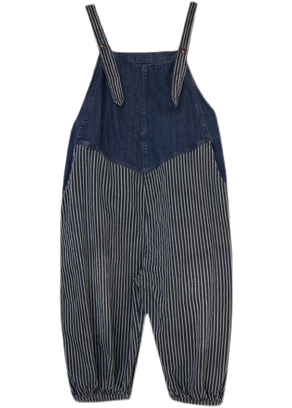 French Navy Striped pocket Patchwork Denim Overalls Jumpsuit