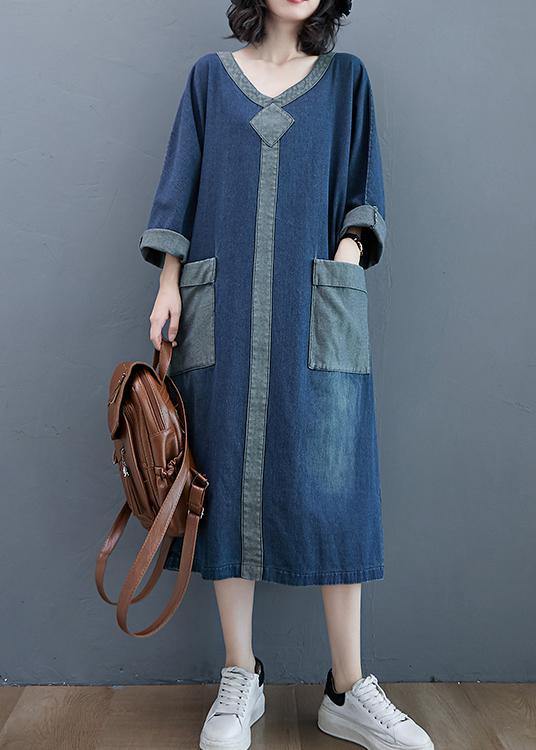 French O Neck Patchwork Dresses Outfits Denim Blue Robe Dresses