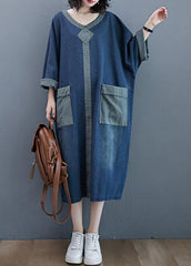 French O Neck Patchwork Dresses Outfits Denim Blue Robe Dresses