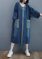 French O Neck Patchwork Dresses Outfits Denim Blue Robe Dresses