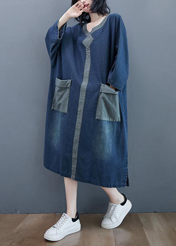 French O Neck Patchwork Dresses Outfits Denim Blue Robe Dresses