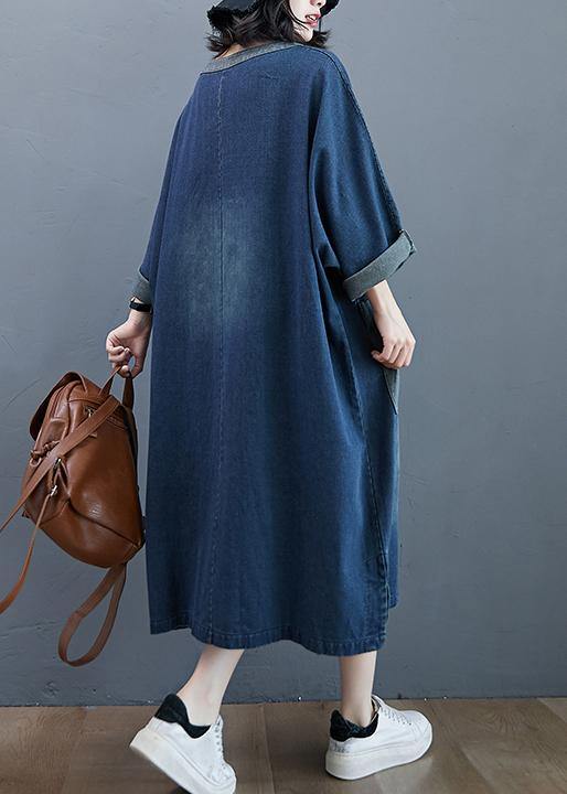 French O Neck Patchwork Dresses Outfits Denim Blue Robe Dresses