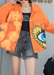 French Orange Tulle Pockets Sequins Nail Bead Patchwork Denim Coat