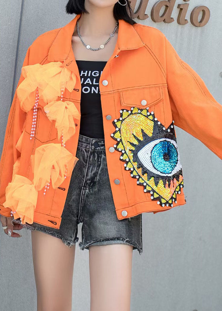 French Orange Tulle Pockets Sequins Nail Bead Patchwork Denim Coat