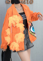 French Orange Tulle Pockets Sequins Nail Bead Patchwork Denim Coat