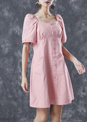 French Pink Square Collar Bustier Top Denim Mid Dresses