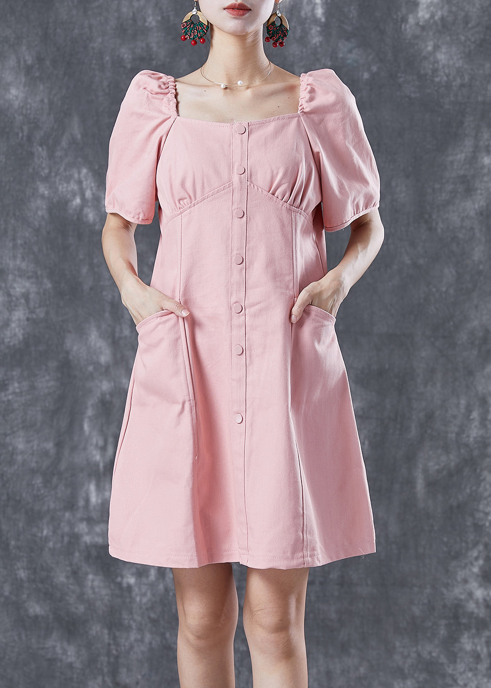 French Pink Square Collar Bustier Top Denim Mid Dresses